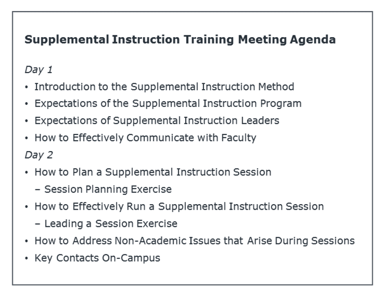 Sample academic support training agenda.